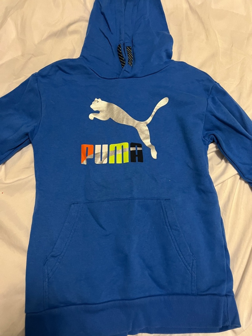 Puma Royal Blue Hoodie with Silver Cat and Multicolor Logo